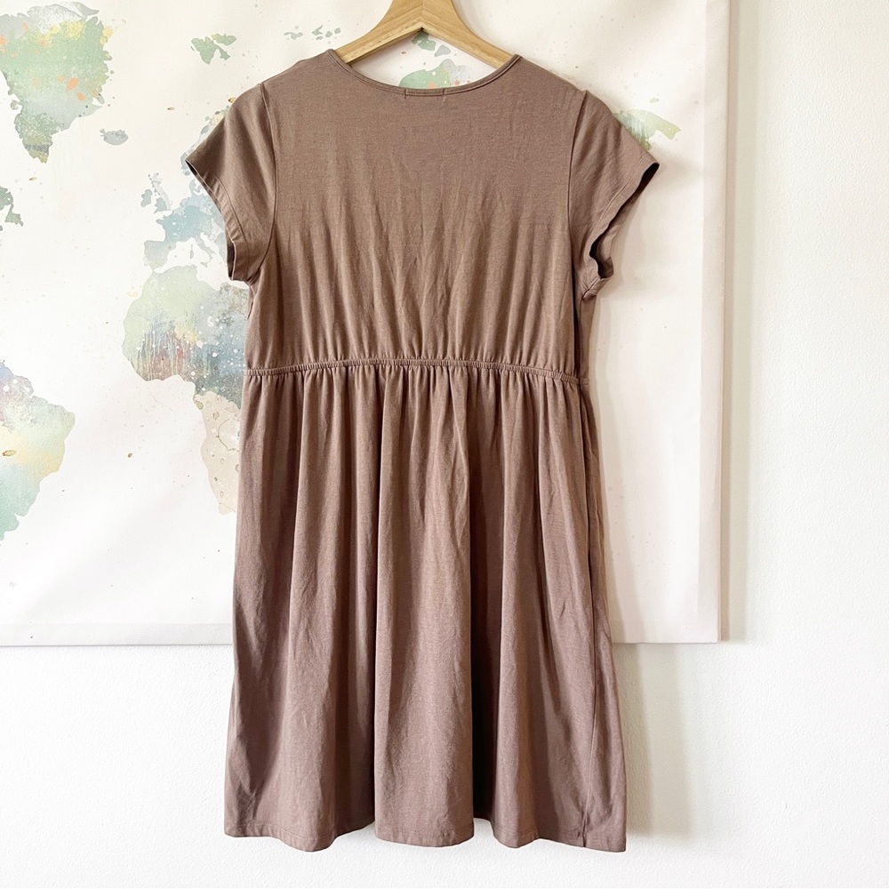 Garnet Hill Dress Size Medium Babydoll Mini Light Brown Surplice Neck Short Slv - Picture 5 of 10